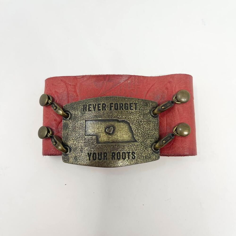 Lenny & Eva‎ Red Leather Brass Charm Never Forget Your Roots Cuff Bracelet